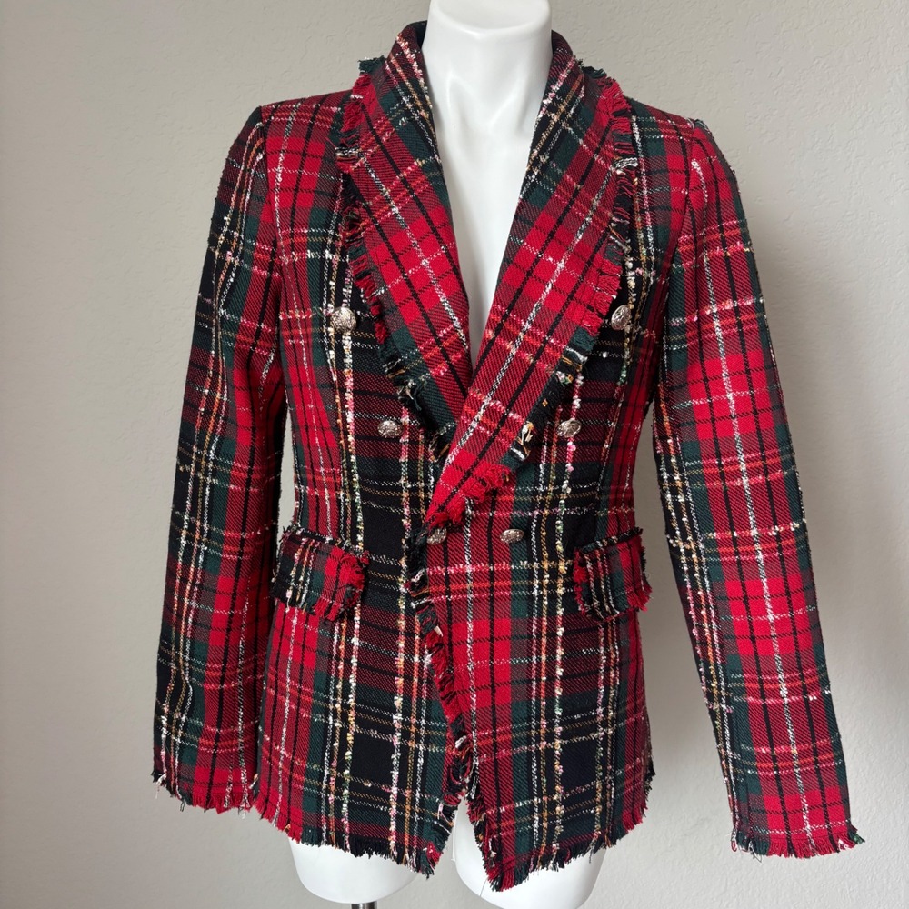 Rachel Zoe Red Plaid Tartan Tweed Boucle Blazer Double Breasted Gold Button Sm